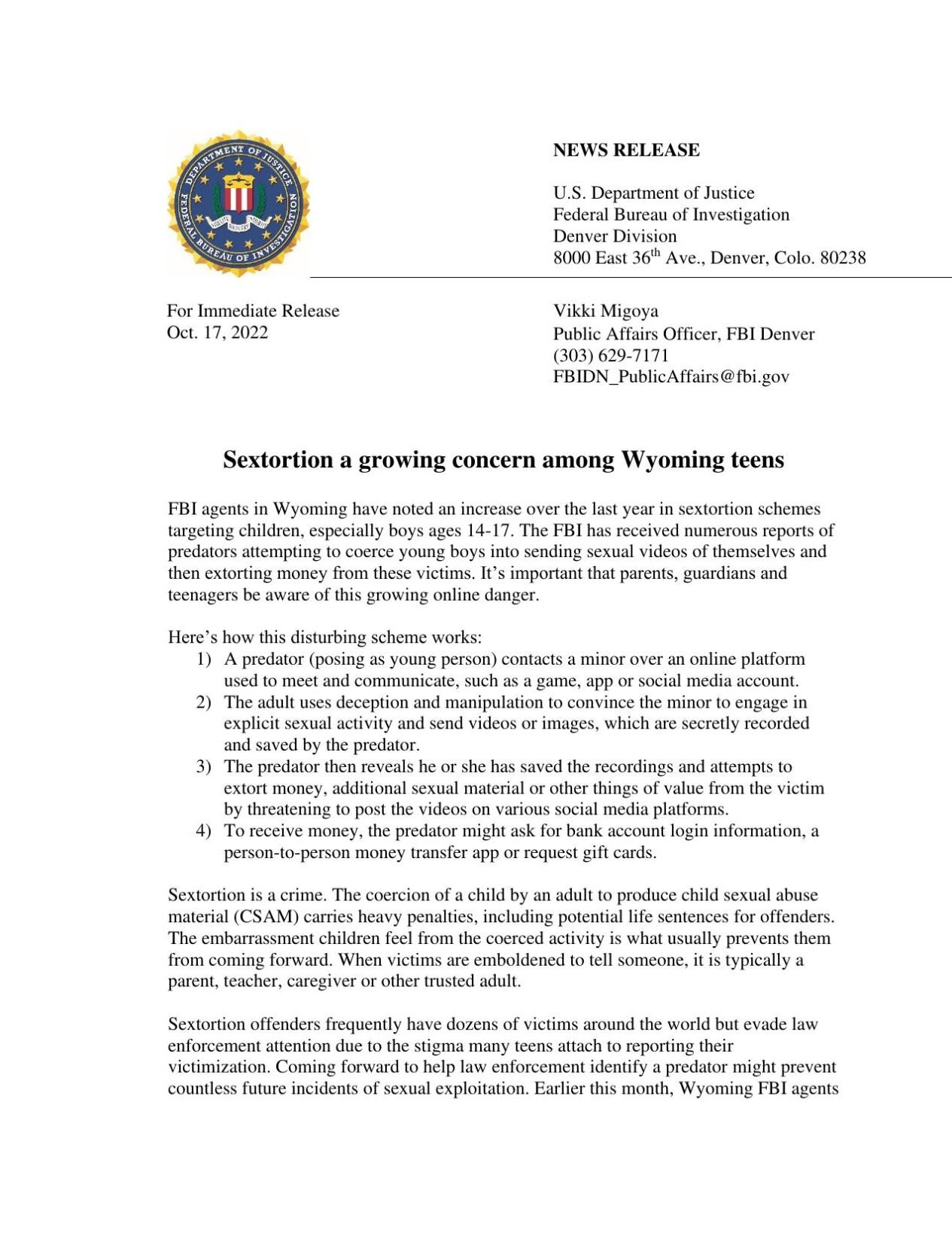 Fbi Gives Information On Sextortion