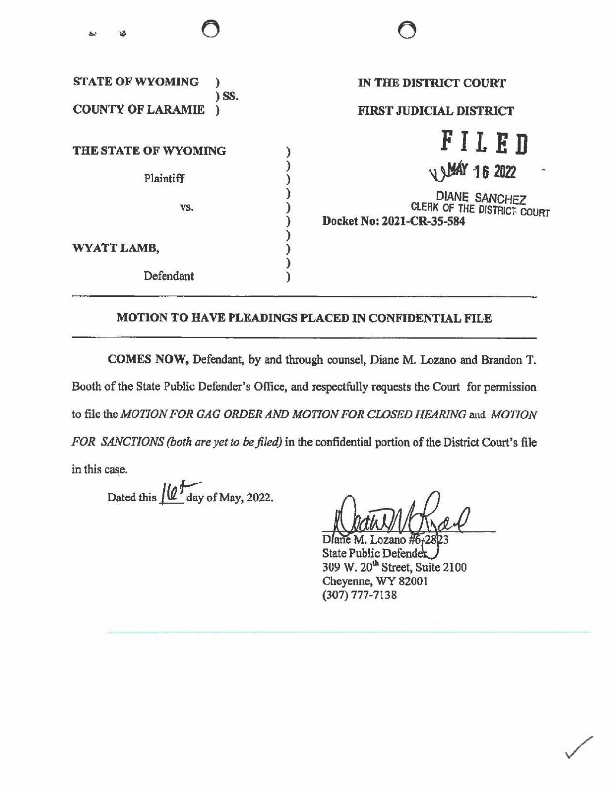 Motion to have pleadings placed in confidential file | | wyomingnews.com