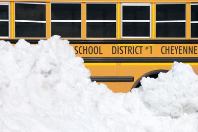 LCSD1 bus framed by snow pile