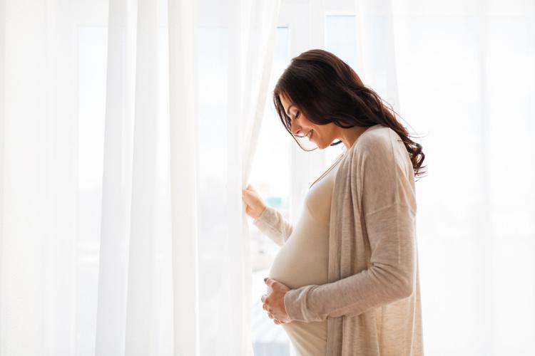 Pregnant woman stands by a window