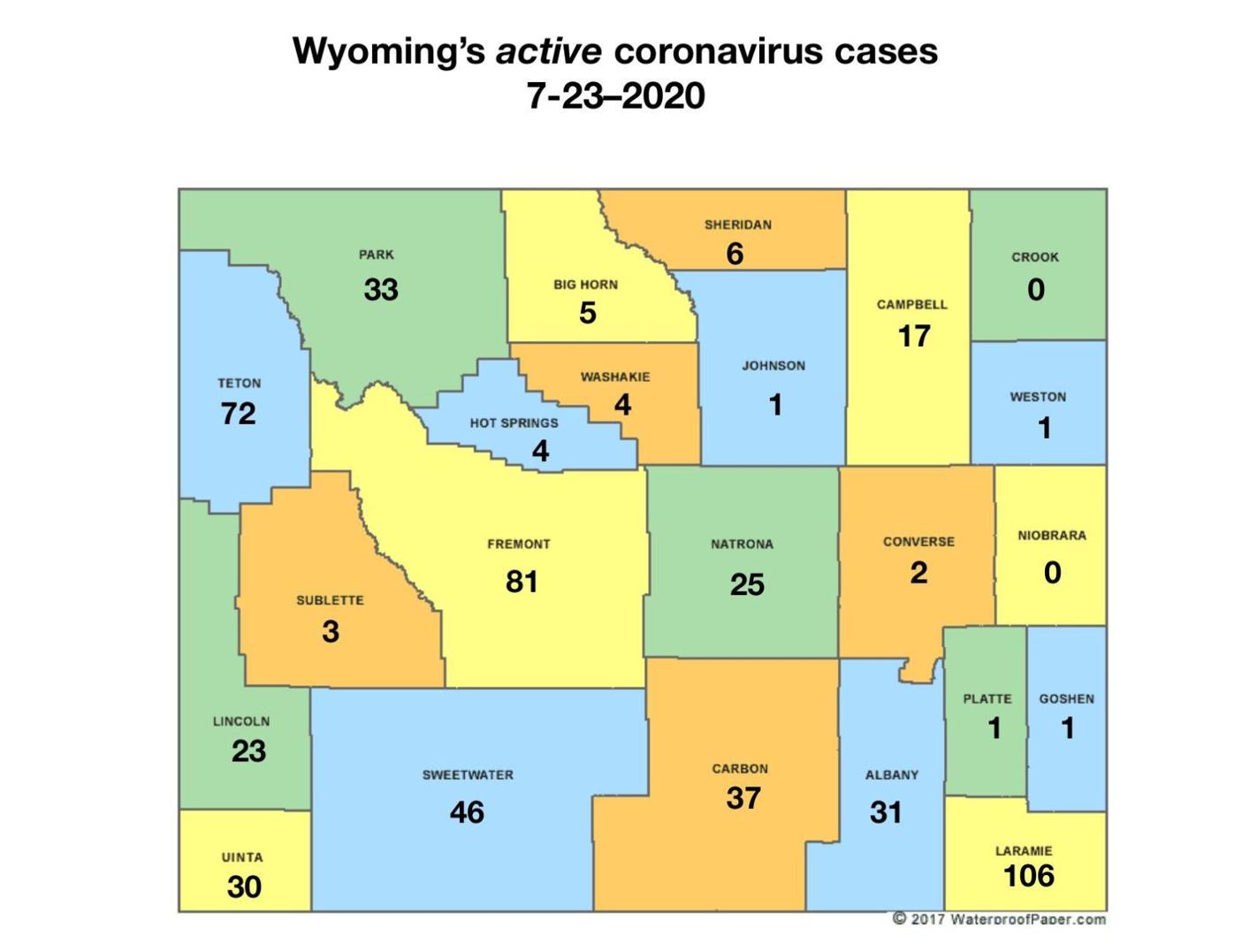 Wyoming's active coronavirus cases, 7-23-20
