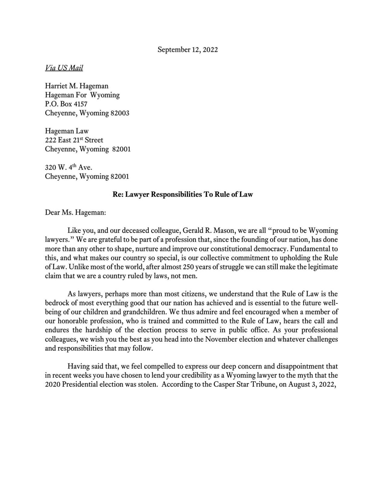 Lawyers letter to Hageman