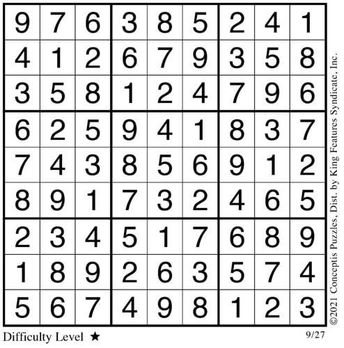Sudoku solution for Sept. 27, 2021