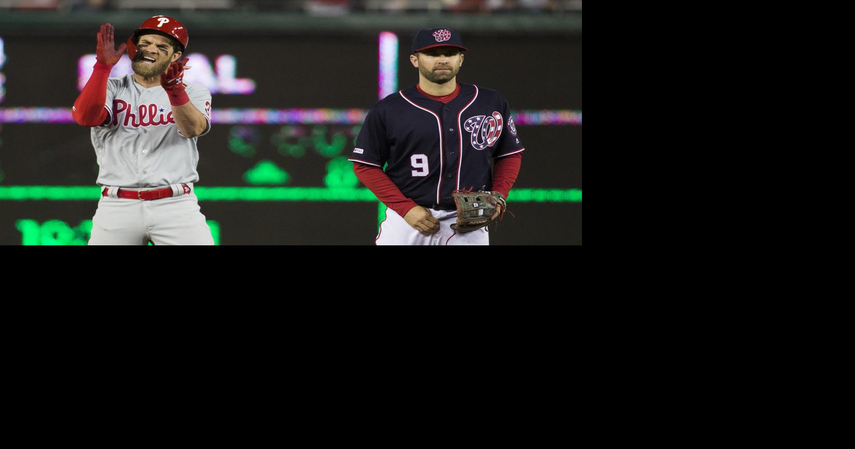 Philadelphia Phillies Bryce Harper awaits his first pitch in a Phillies  uniform