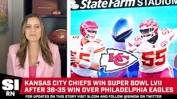 Phoenix, United States. 07th Feb, 2023. The Vince Lombardi Trophy stands  between the Philadelphia Eagles and Kansas City Chiefs helmets before a Super  Bowl press conference in the media center in Phoenix